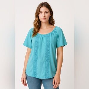 St. John's Bay‎ Womens Blouse Blue Short Sleeve Shirt  XL Crochet Casual Travel